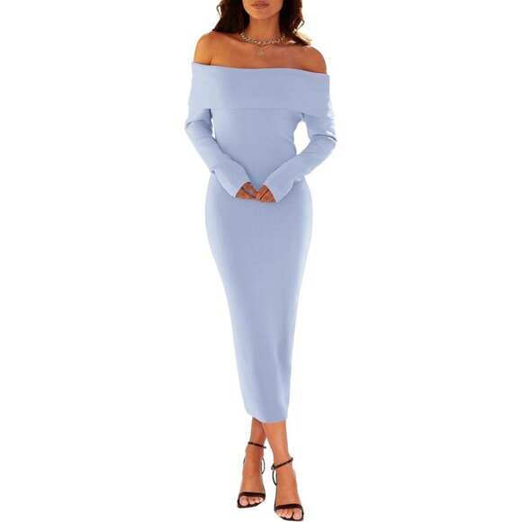 Women's Off Shoulder Bodycon Sweater Dress Long Sleeve Party Midi Dress Blue - Picture 2 of 9